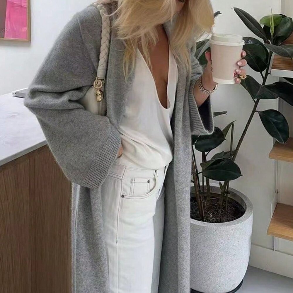 Grey Casual Women's V-Neck Buttonless Super Loose Long-Sleeved Knitted Cardigan - Picture 6 of 8